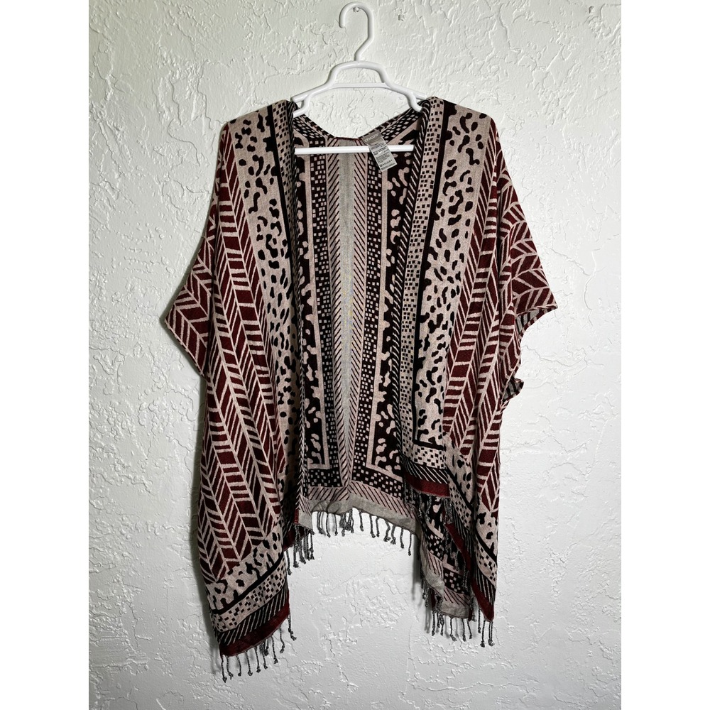 Chicos Womens One Size Animal Print Fringe Ruana Wrap Kimono Cardigan Burgundy